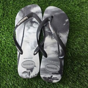 HAVAIANAS Beach Palm White Black Grey Mens 13 M THONGS FLIP FLOPS  Nice!